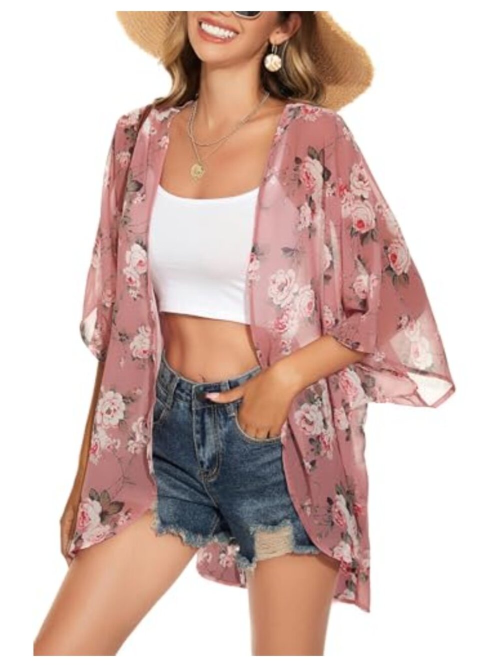 Sheer Chiffon Kimono Cardigan Floral Beach Cover Up